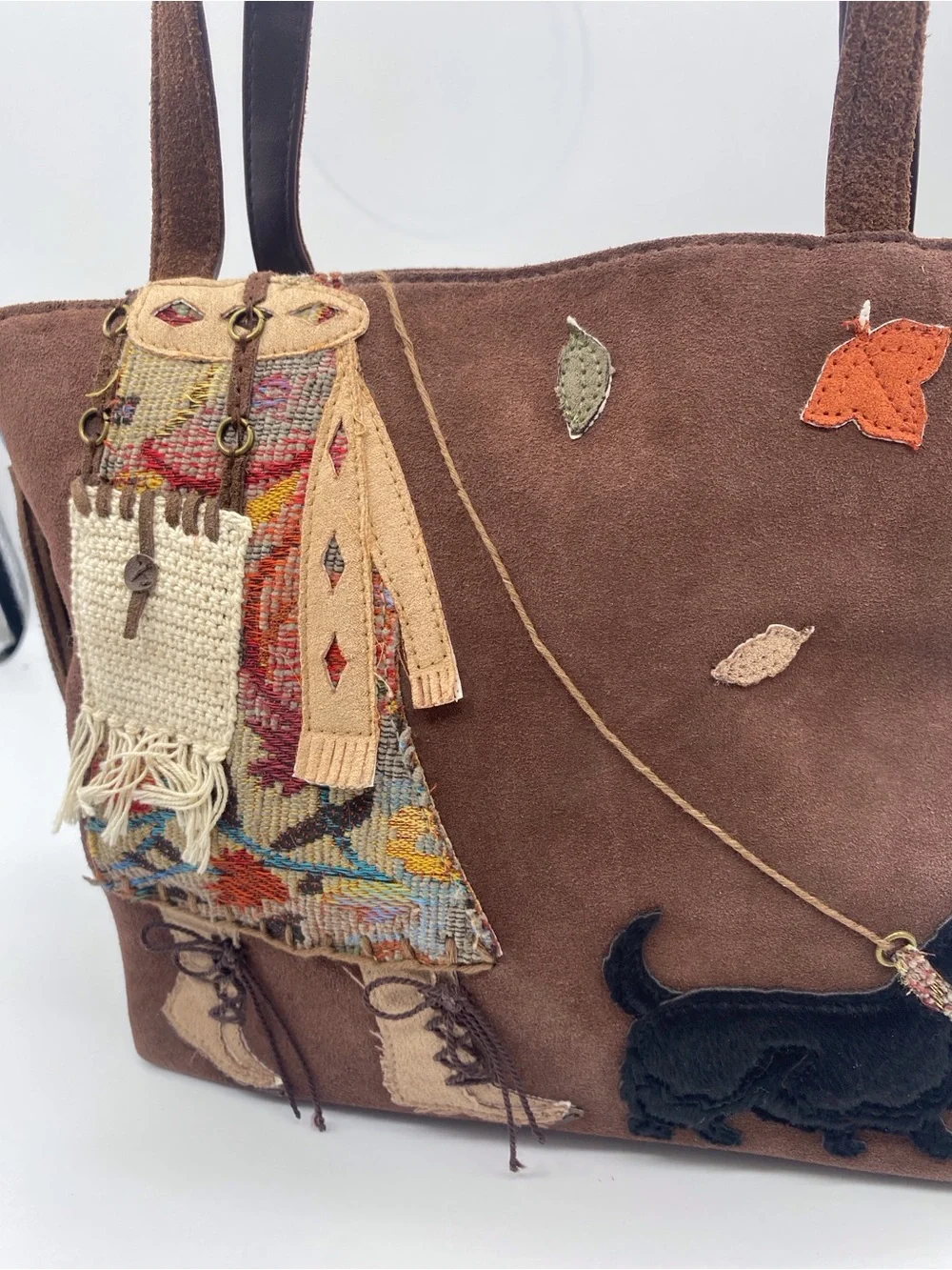 St. John's Bay Brown Suede Shoulder Tote with Girl & Scottie Appliqué - Picture 2 of 8